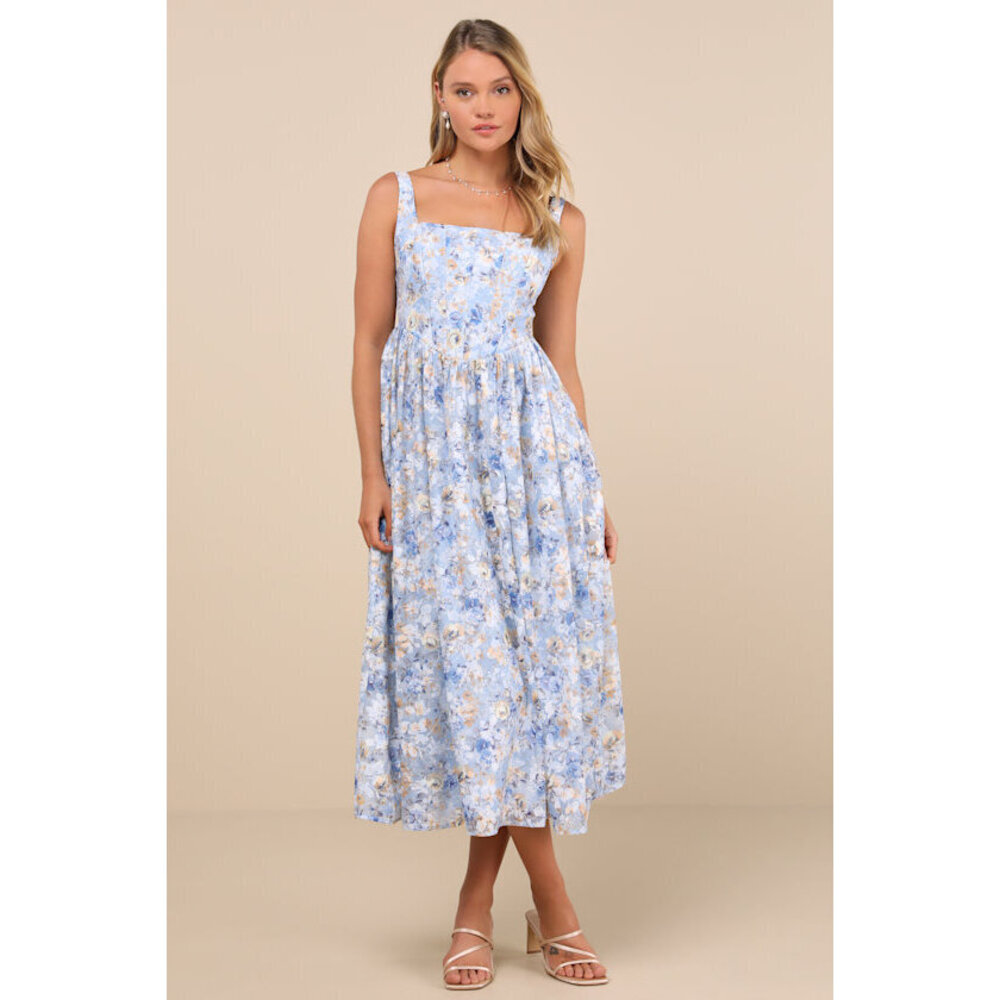 Lulus Colwyn Blue Floral Basque Waist Bustier Midi Skirt - Size M